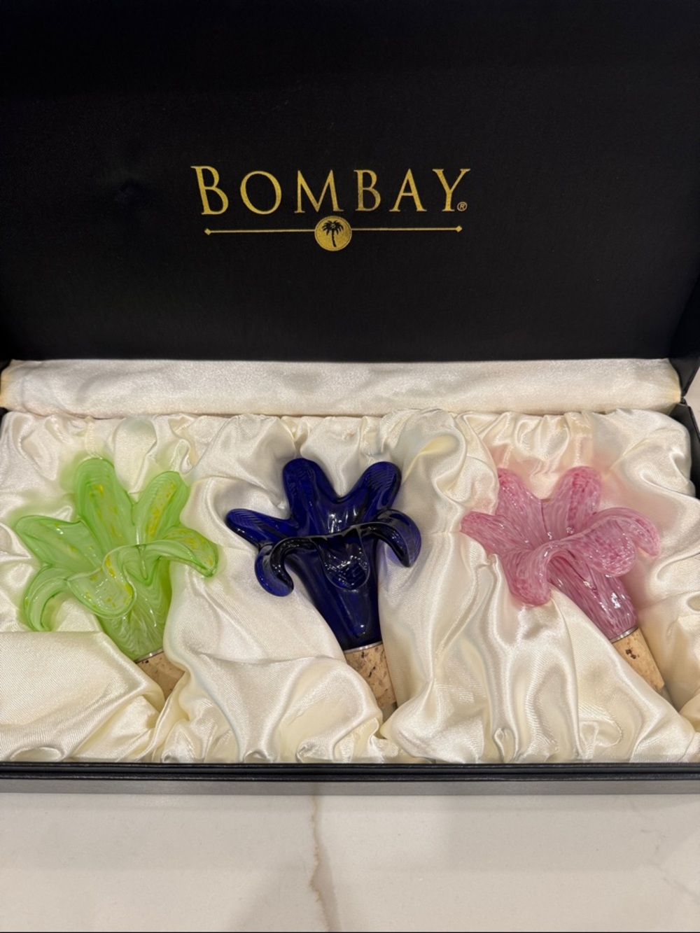 Bombay Glass Flower Bottle Stoppers - Lime Green, Cobalt Blue & Rose Pink